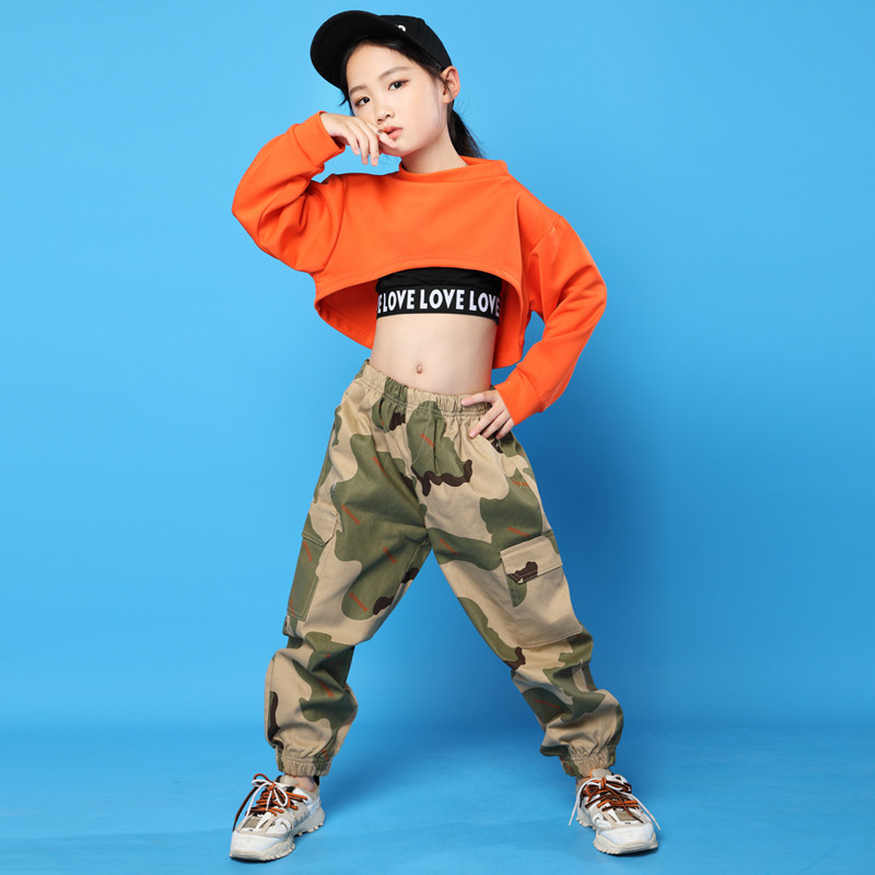 ชุดเต้น ฮิปฮอป เสื้อส้ม+กางเกงลายทหาร