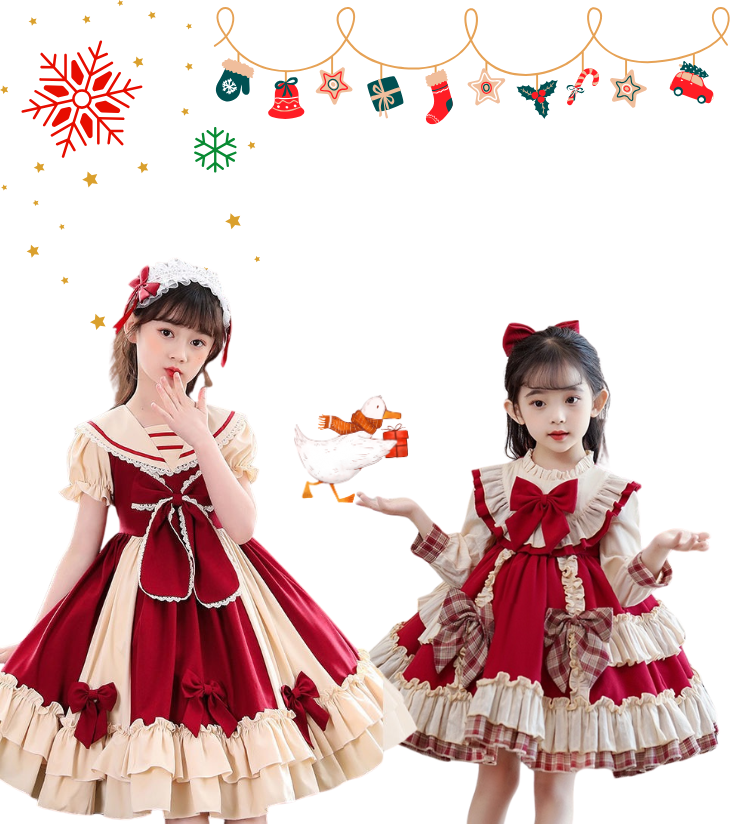 พร้อมส่ง ชุดคริสมาสต์ เดรสแขนยาวกระโปรงระบายแต่งติดโบว์