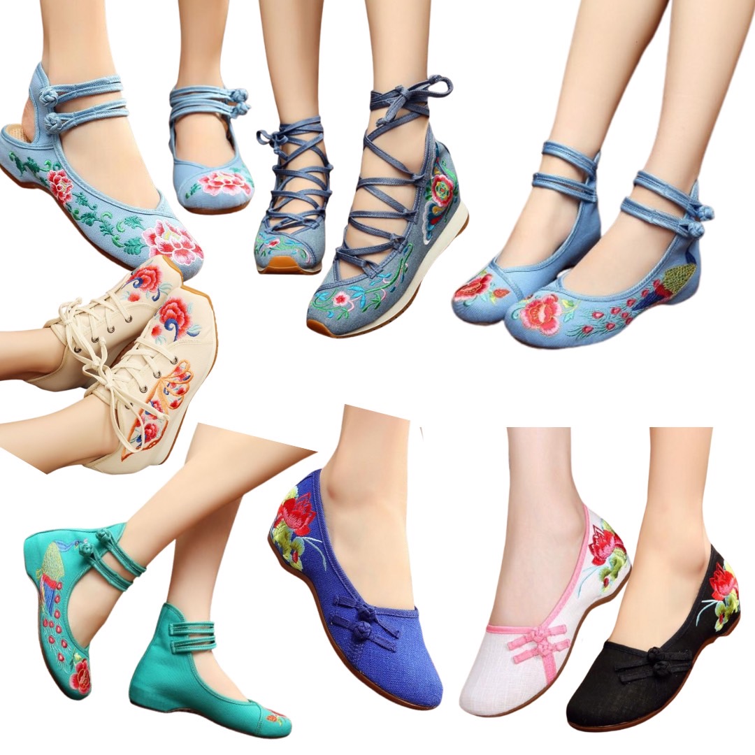 รองเท้าผ้าใบจีน ลายดอก สีฟ้ายีนส์