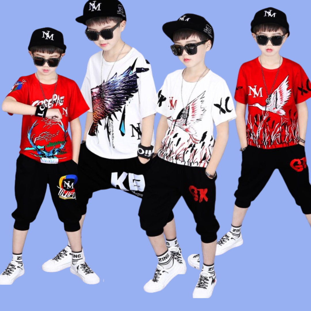 ชุดเต้น Street dance เสื้อแขนสั้นสีแดง+กางเกงดำ