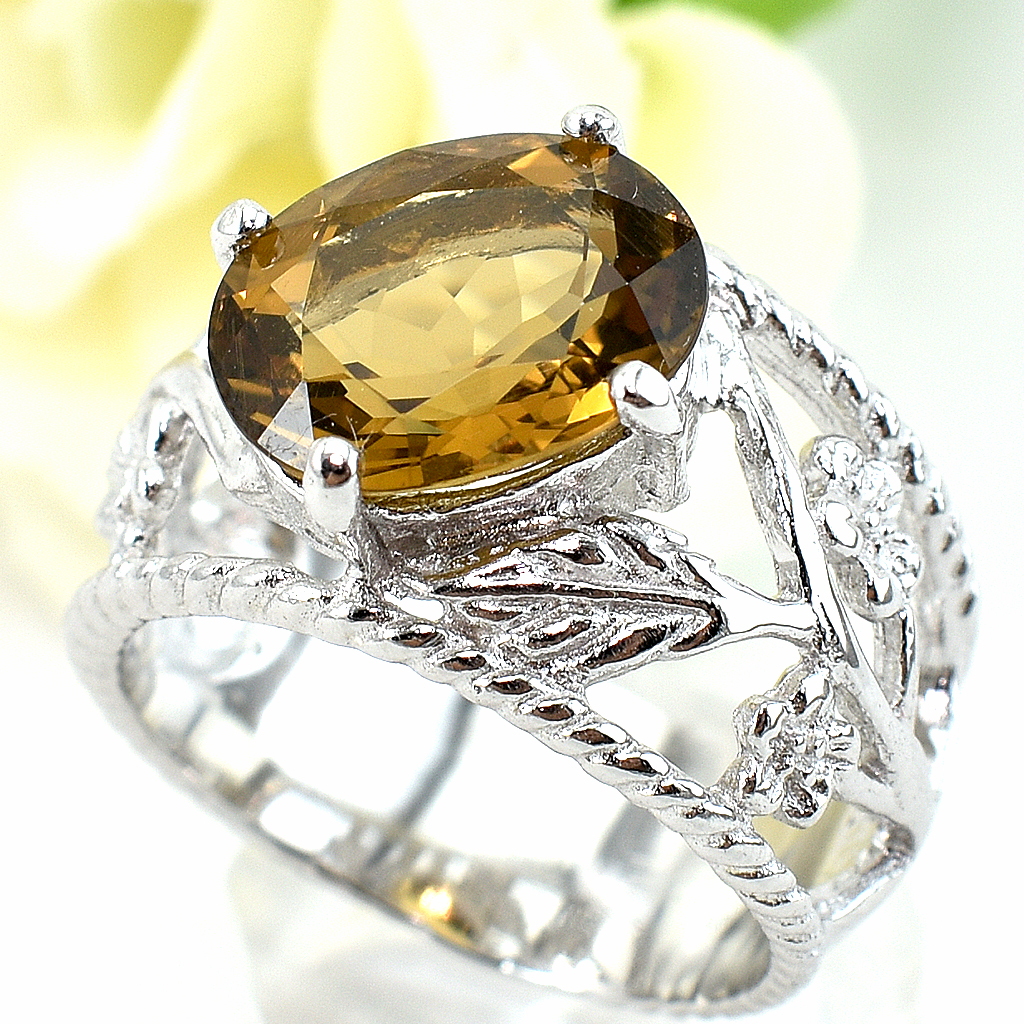 แหวนเงินแท้ราคาถูกชุบทองคำขาว พลอยแท้เยลโลว์ควอทซ์ 5.50 กะรัต งานประณีตสวยงาม สั่งผลิตค่ะ