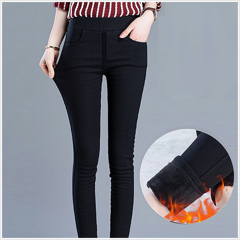 กางเกงสกินนี่วูล สีดำ บุขนแคชเมียร์เนื้อนิ่ม แบบมีกระเป๋าหน้า Skinny Wool S-3XL