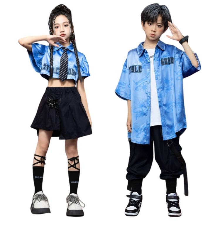 พร้อมส่ง ชุดเต้น เสื้อ+กางเกง/กระโปรงสีฟ้า-เงิน