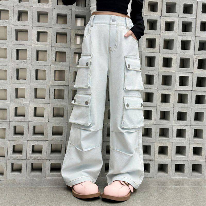 พร้อมส่ง กางเกงยีนส์เด็ก คาร์โก้ แต่งกระเป๋า สไตล์ Y2K