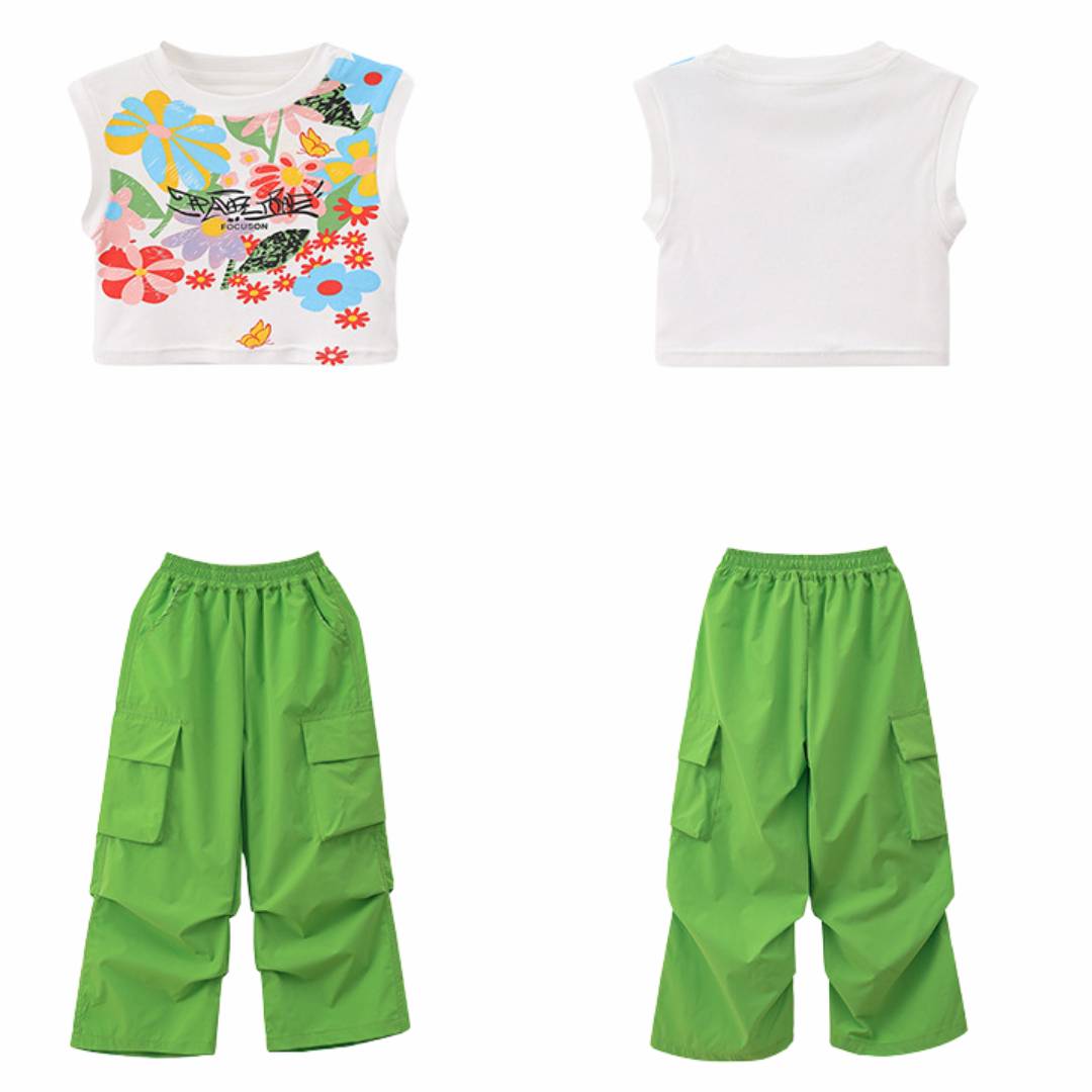 สินค้าพร้อมส่ง ***ชุดเต้น แขนกุดสีขาว+ปลอกแชย+กระโปรงระบายชั้นสีรุ้ง