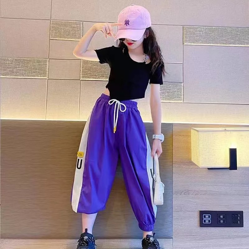 ชุดเต้น ชุดฮิปฮอป เซ็ตสีเสื้อแขนสั้น+กางเกงวอร์ม