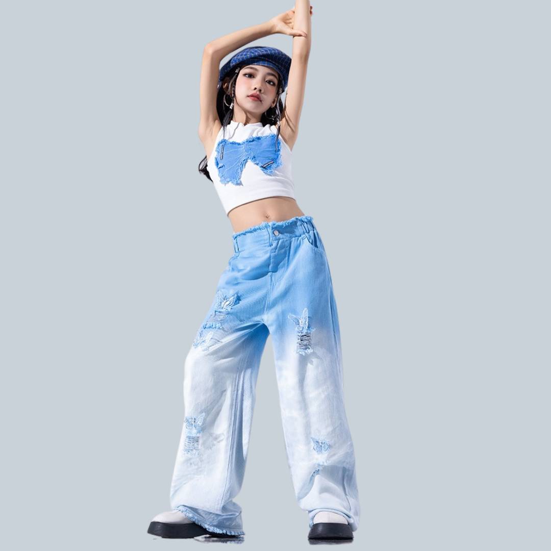 ชุดเต้นเซ็ต ชุดฮิปฮอป สไตล์สีฟ้า เสื้อ/กางเกงขายาว