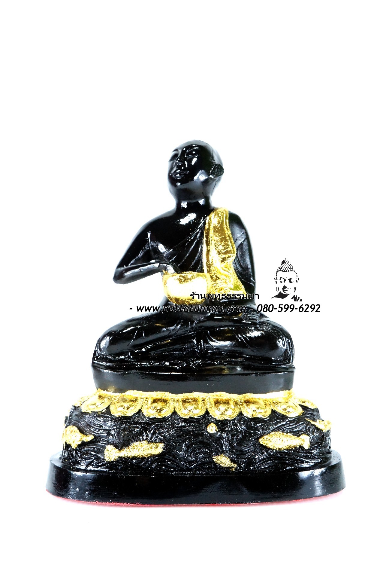 พระอุปคุต ปางจกบาตร ( ปางฉันอาหาร) สีดำปิดทอง เนื้อเรซิ่น ขนาด 5 นิ้ว สูง 7 นิ้ว