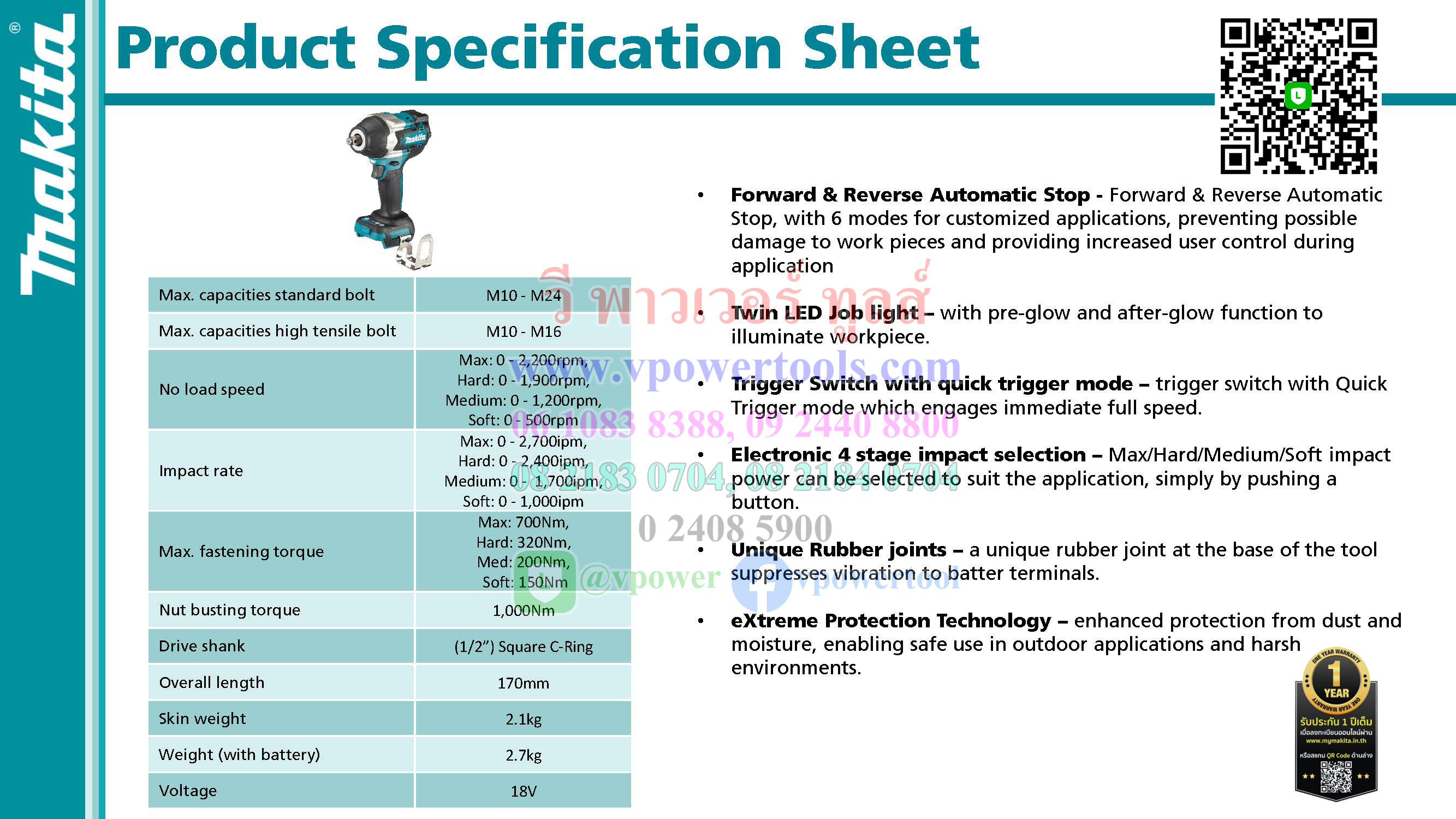 Makita DTW700TJX1 บล็อกไร้สาย 1/2" (12.7มม.) แบต 5Ah. 2ก้อน +แท่นชาร์จ มีสายสะพาย (ใช้แทนรุ่น DTW450RFE,DTW700RTJ)