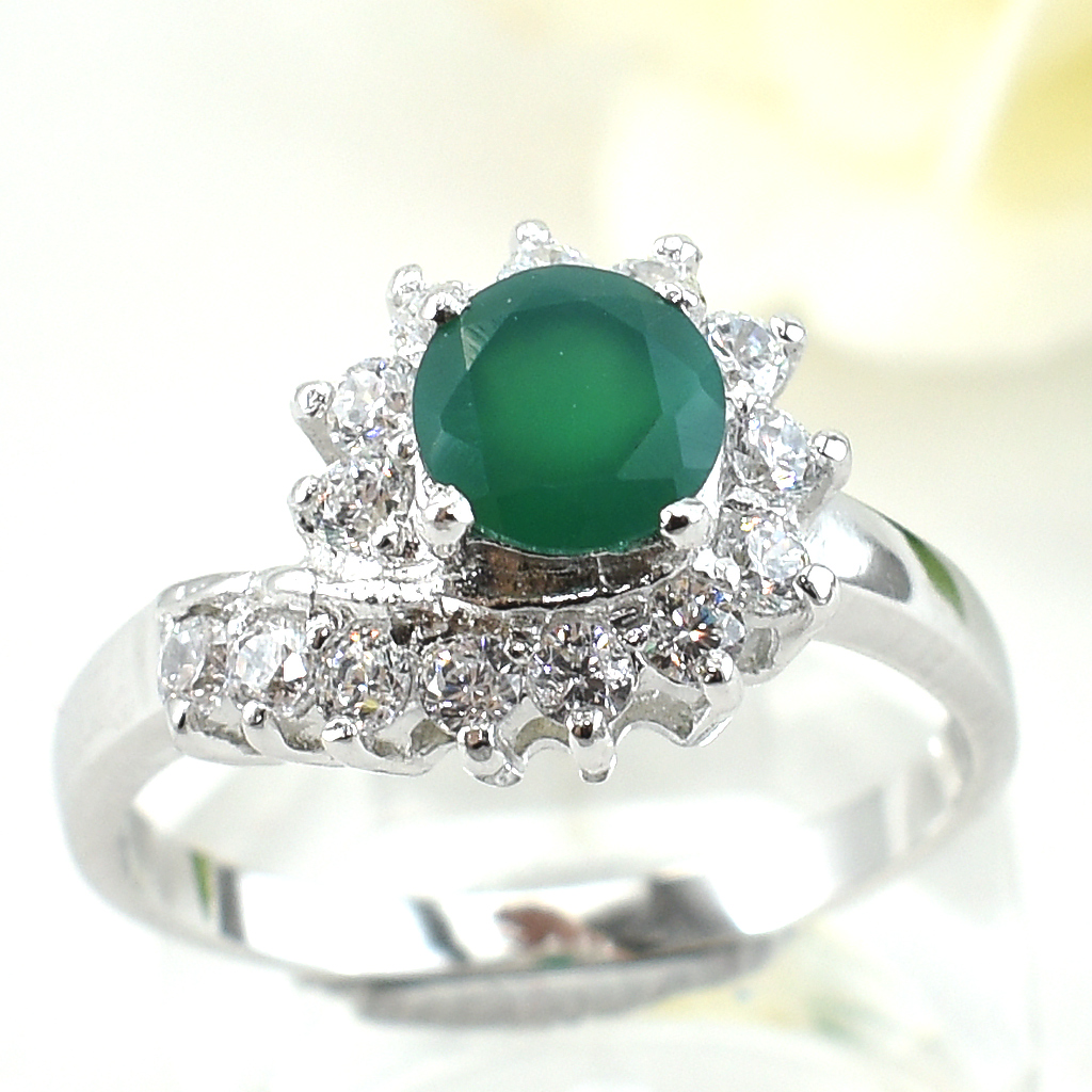 แหวนเงินแท้ราคาถูกชุบทองคำขาว พลอยแท้กรีนอะเกท 0.95 กะรัต เพชรCZ 0.42 กะรัต งานประณีตสวยงาม สั่งผลิตค่ะ