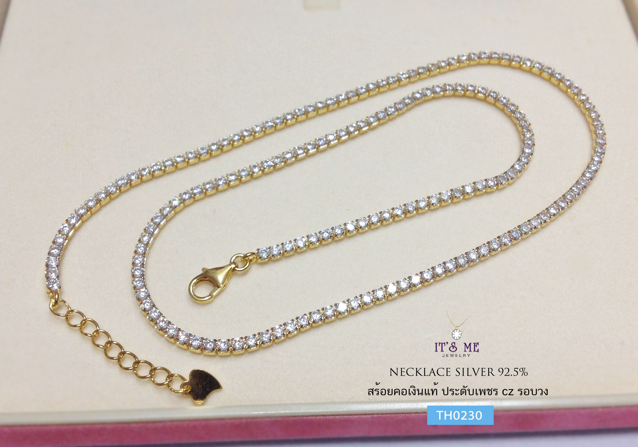 สร้อยคอเงินแท้92.5% ชุบสีทองประด้บเพชร cz ทั้งเส้น วิ้งๆ รอบเส้นเลยค่า (เรือนเงินแท้92.5%) หน้ากว้าง 2.0 มิล