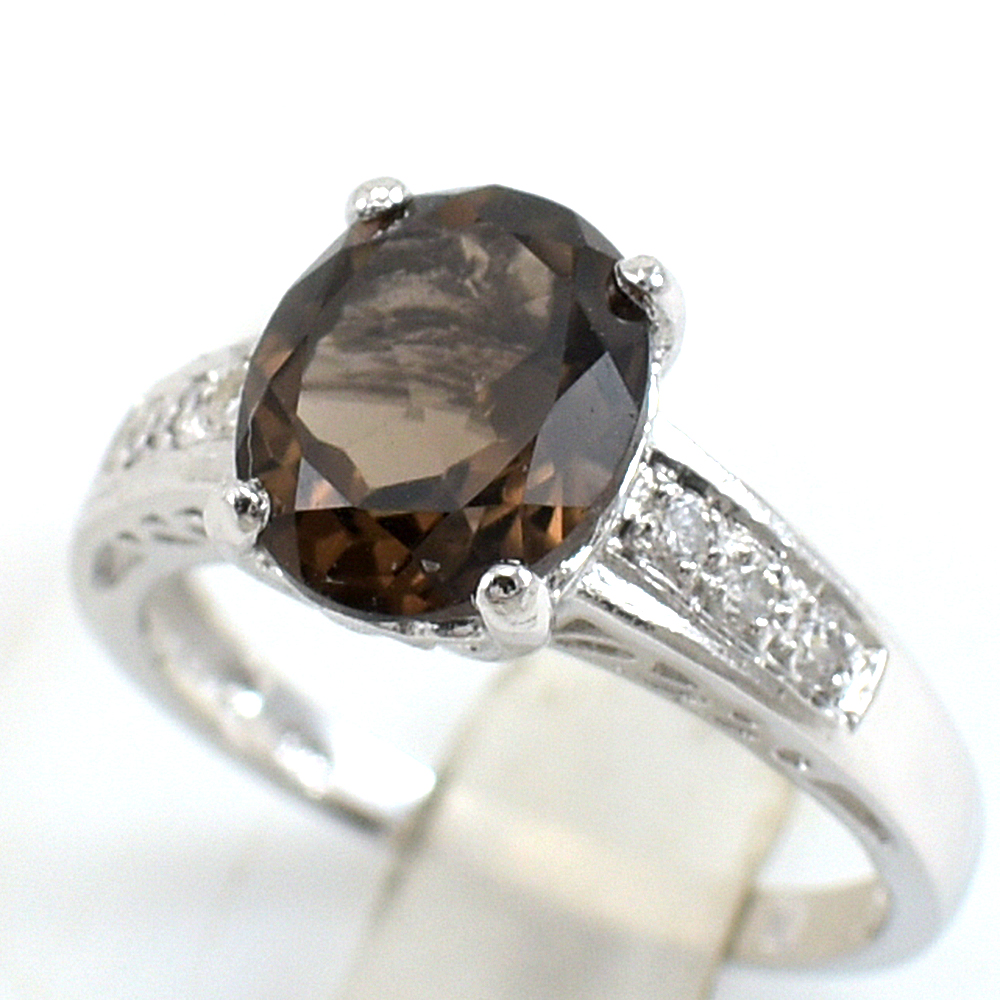 แหวนเงินแท้ราคาถูกชุบทองคำขาว พลอยแท้สโมกกี้ควอทซ์ 2.25 กะรัต เพชรCZ 0.15 กะรัต งานประณีตสวยงาม สั่งผลิตค่ะ