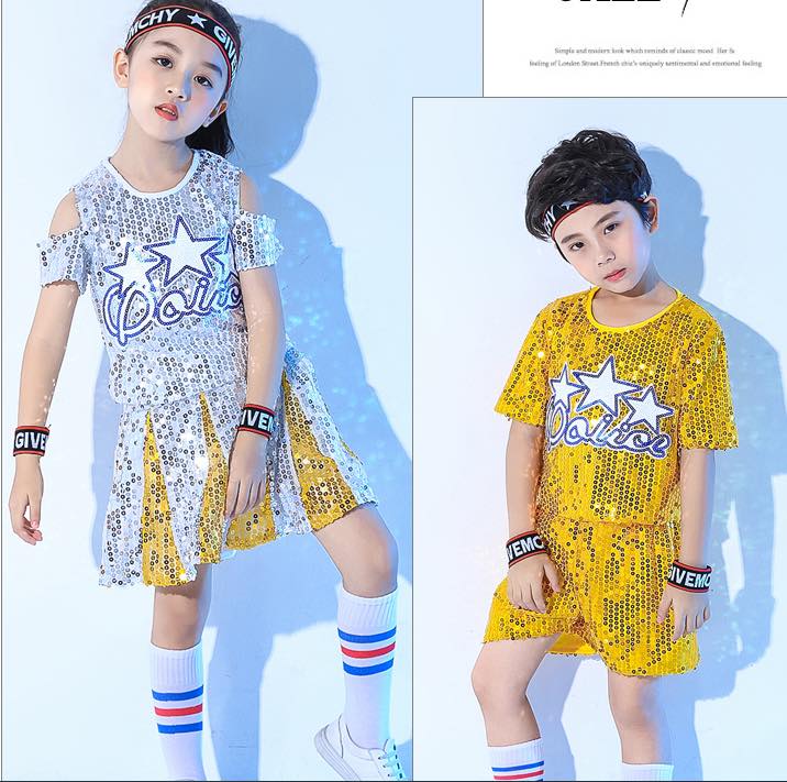 F ชุดเต้น ปักเลื่อม เซ็ตเสื้อ+กางเกง สีทอง+คาดผม