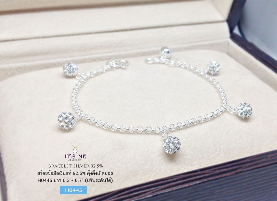 สร้อยข้อมือเงินแท้ 92.5% ข้อมือร้อยตุ้งติ้งเม็ดบอลพลอยสี + กระดิ่ง 1 ลูก