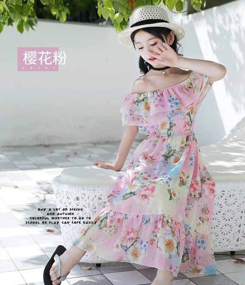 ชุดเด็ก : ชุดเดรส ลายดอก เปิดไหล่