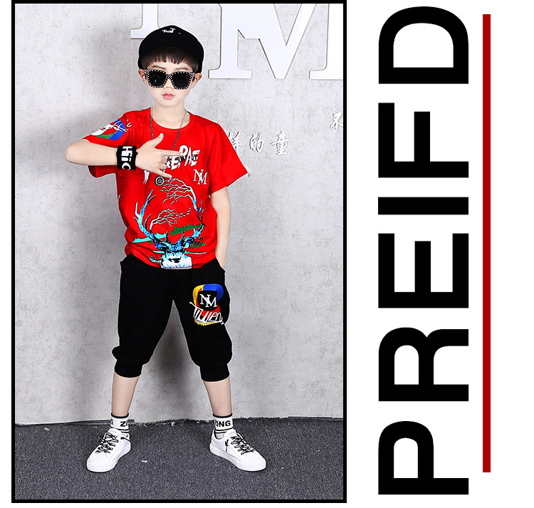 ชุดเต้น Street dance เสื้อแขนสั้นสีแดง+กางเกงดำ