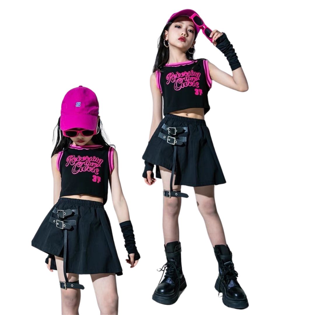 ชุดเต้น เสื้อแขนกุด+กางเกงคาร์โก้สีชมพู เอวผูก