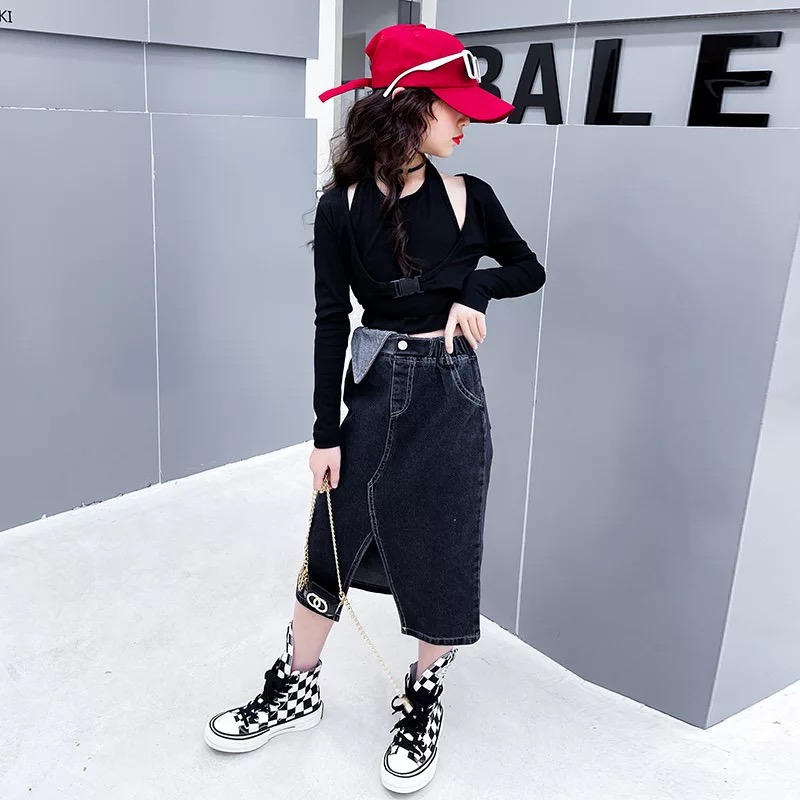 **เฉพาะเสื้อ**ชุดเต้น ฮิปฮอป เสื้อแขนยาว แขนคอไขว้ สีดำสลับดำ