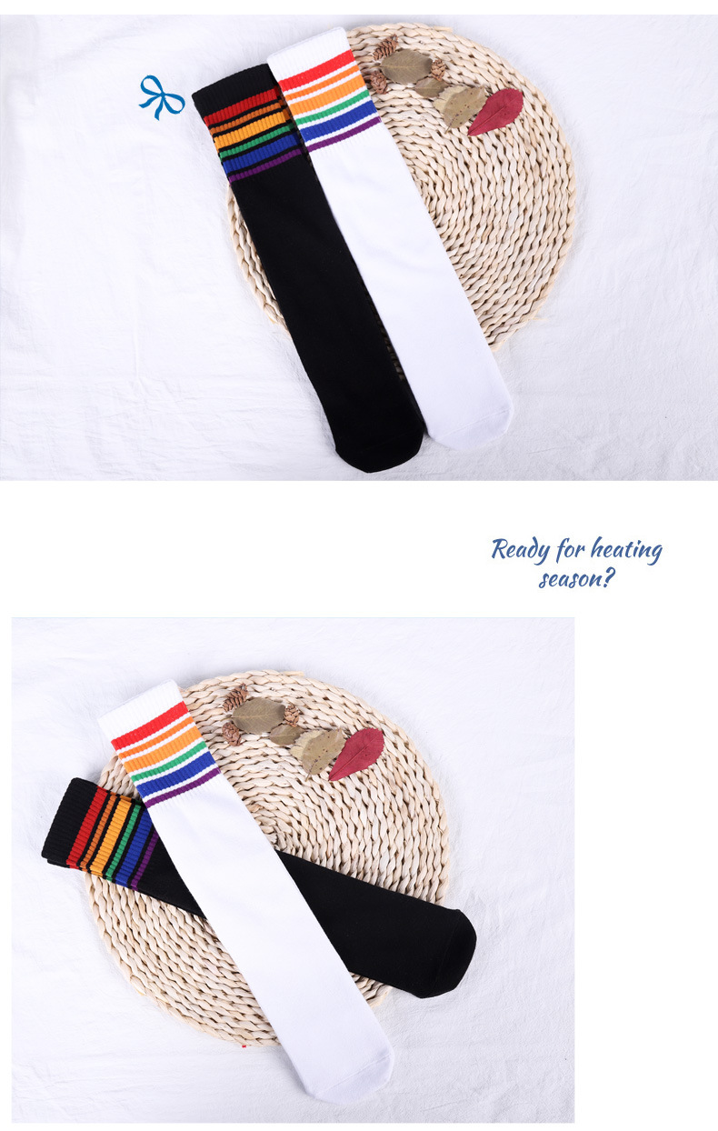 สินค้าพร้อมส่ง ถุงเท้ายาว เด็กพื้นขาวแต่งขอบสีรุ้ง