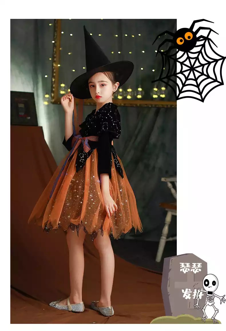 friendly4kid ชุดฮาโลวีน haloween เด็ก เดรสยาวสีส้ม-ดำ