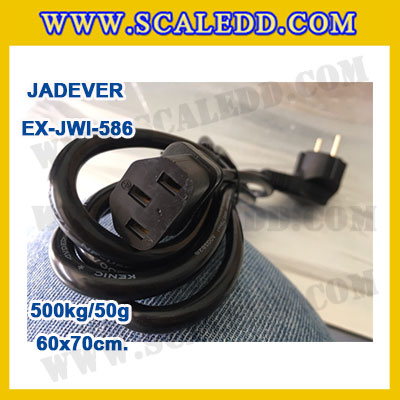 เครื่องชั่งดิจิตอลตั้งพื้น ยี่ห้อ JADEVER รุ่น EX-JWI-586 ขนาดแท่น 60x70cm. พิกัดน้ำหนัก 500kg ค่าละเอียด 50g พร้อมที่เข็นและล้อ