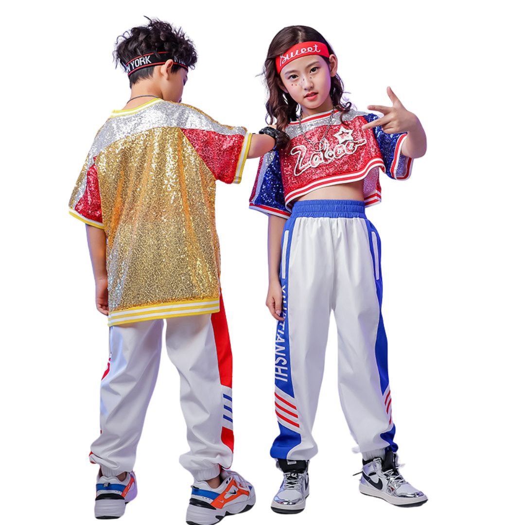 พร้อมส่ง ชุดเต้น ชุดแดนซ์ เซ็ต ปักเลื่อม แดง-ทอง เซ็ต 2 ขิ้น