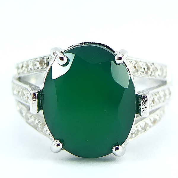 แหวนเงินแท้ราคาถูกชุบทองคำขาว พลอยแท้กรีนอะเกท 4.15 กะรัต เพชรCZ 0.21 กะรัต งานประณีตสวยงาม สั่งผลิตค่ะ