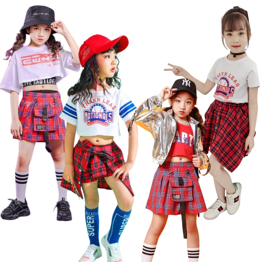 ชุดเต้น เสื้อแขนสั้นสีขาว+กางเกงสก๊อตแดง
