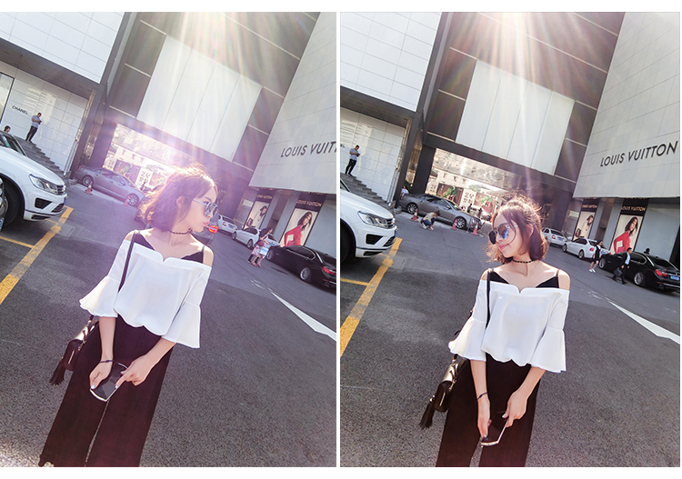 เสื้อแฟชั่นสายเดี่ยว โชว์ไหล่ ใส่สบายๆ เนื้อผ้าชีฟองขนเป็ดพริ้วๆ ใส่หลวมๆ แขนระบาย(ตามแบบ)ปิดข้อศอก ใส่เที่ยวสวยเก๋ หรือออกงานไหนๆก็น่ารักสไตล์เกาหลี