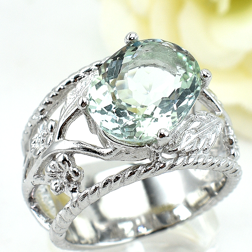 แหวนเงินแท้ราคาถูกชุบทองคำขาว พลอยแท้กรีนอเมทิสต์ 5.50 กะรัต งานประณีตสวยงาม สั่งผลิตค่ะ