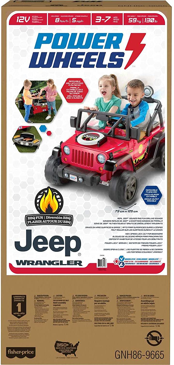รถแบตเตอรี่ Power Wheels BBQ Fun Jeep Wrangler, 12V battery-powered ride-on vehicle with pretend grill and food