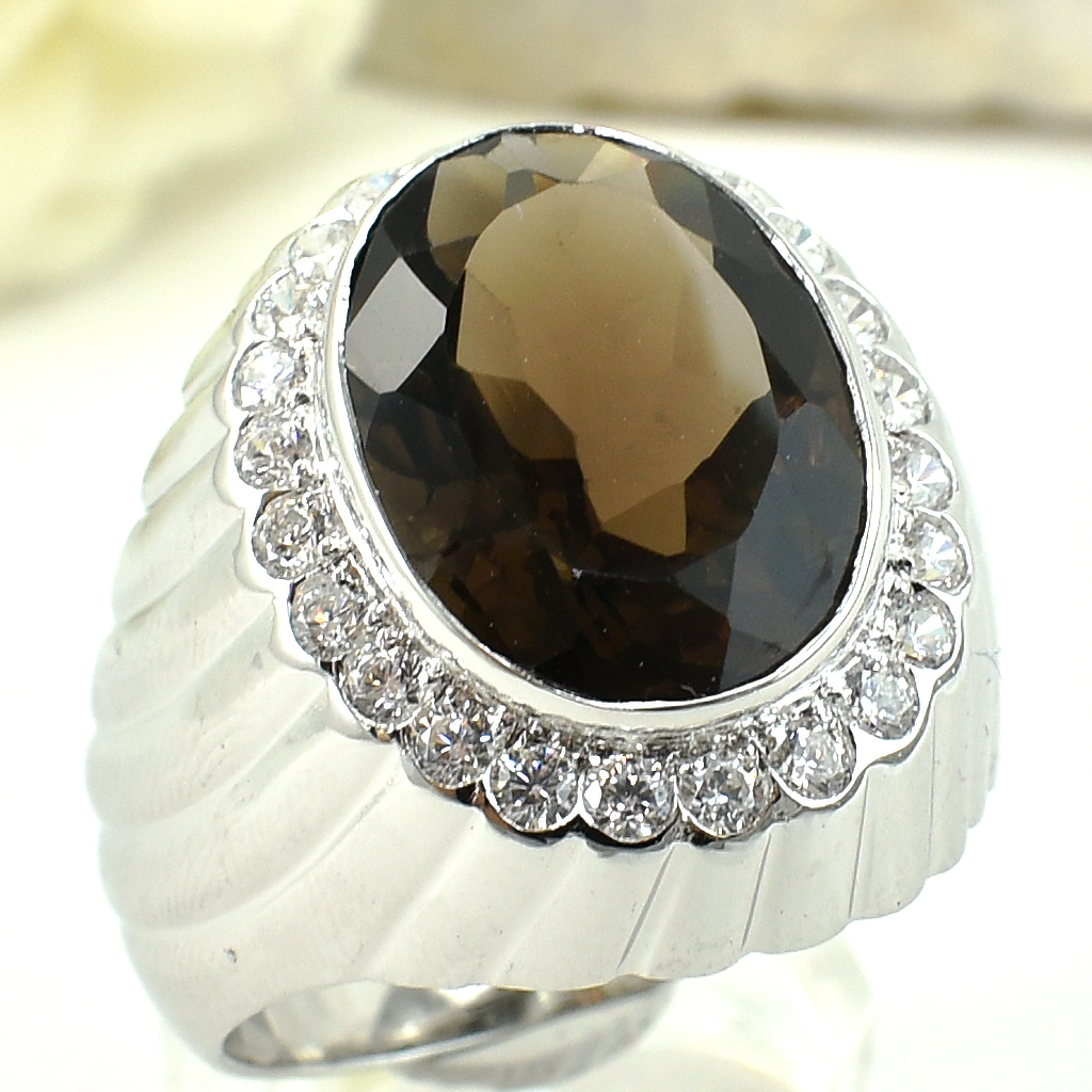 แหวนเงินแท้ราคาถูกชุบทองคำขาว พลอยแท้สโมกกี้ควอทซ์ 8.95 กะรัต เพชรCZ 0.72 กะรัต งานประณีตสวยงาม สั่งผลิตค่ะ