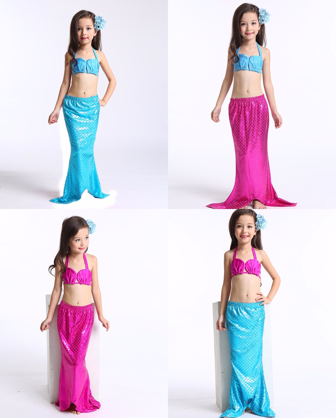 ชุดว่ายน้ำ นางนางเงือก เซ็ต 3 ชิ้น รุ่นเสื้อผูกอก สีชมพู-ฟ้า
