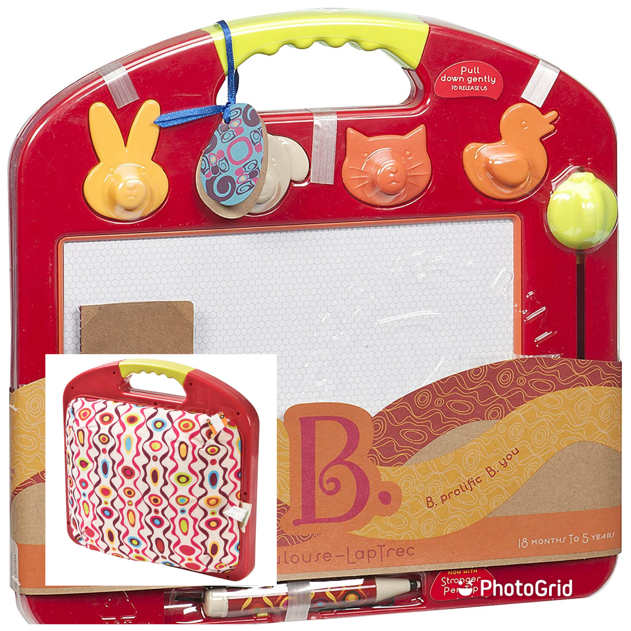 กระดานวาดภาพแบบพกพาพร้อมแสตมป์รูปสัตว์พร้อมหมอนรองนิ่ม B. Toys Magnetic Drawing Board