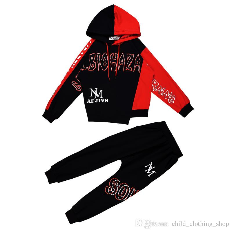 ชุดเต้น ชุดแดนซ์ ชุดฮิปฮอป ชาย แขนยาวสีแดง-ดำ อักษรคาดอก