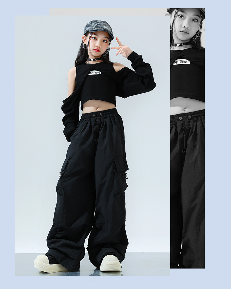 พร้อมส่ง ชุดเต้น ชุดแดนซ์ เสื้อแขนยาวปาดไหล่ กางเกงขายาว