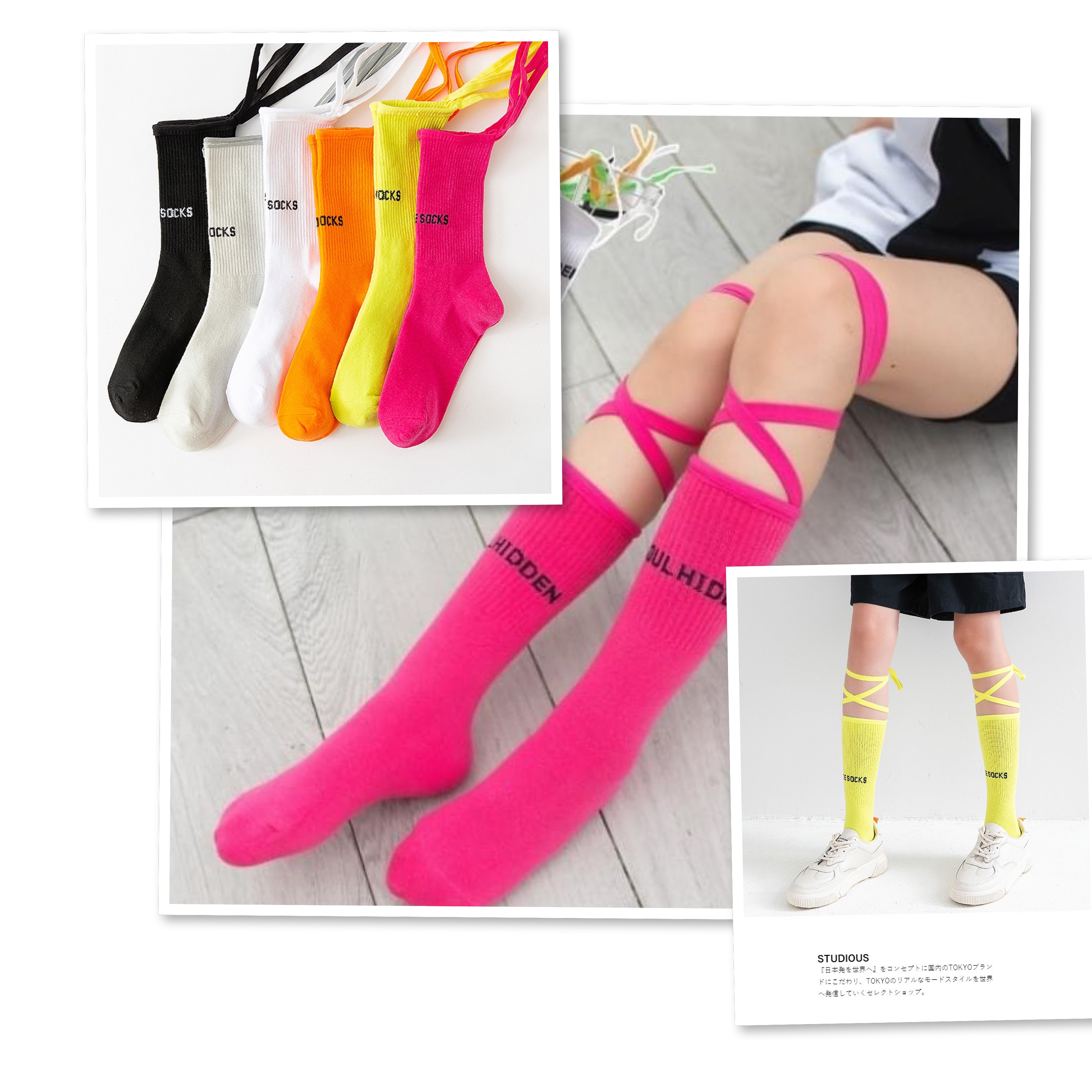 พร้อมส่ง ถุงเท้า เด็ก-ผู้ใหญ่ แบบยาว มีสายไขว้ ผูกข้อขา สีพื้น