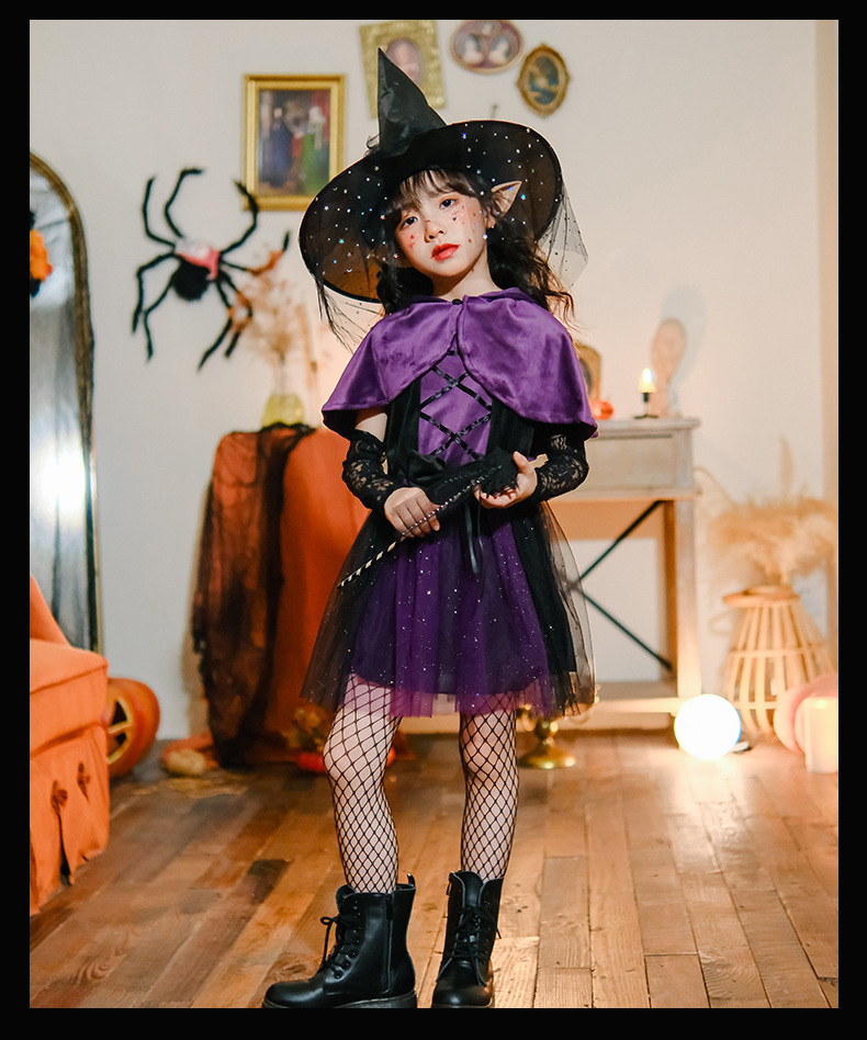 พร้อมส่ง ชุดฮาโลวีน เดรสแม่มด สีม่วง+ผ้าคลุม+หมวก ปลอกแขน