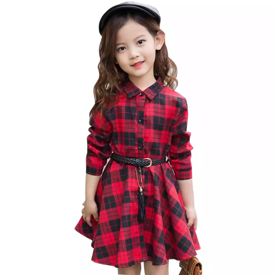 พร้อมส่ง ชุดคริสมาส เดรสแดงคอปก ลายสก๊อต กระดุมหน้า พร้อมเข็มขัด