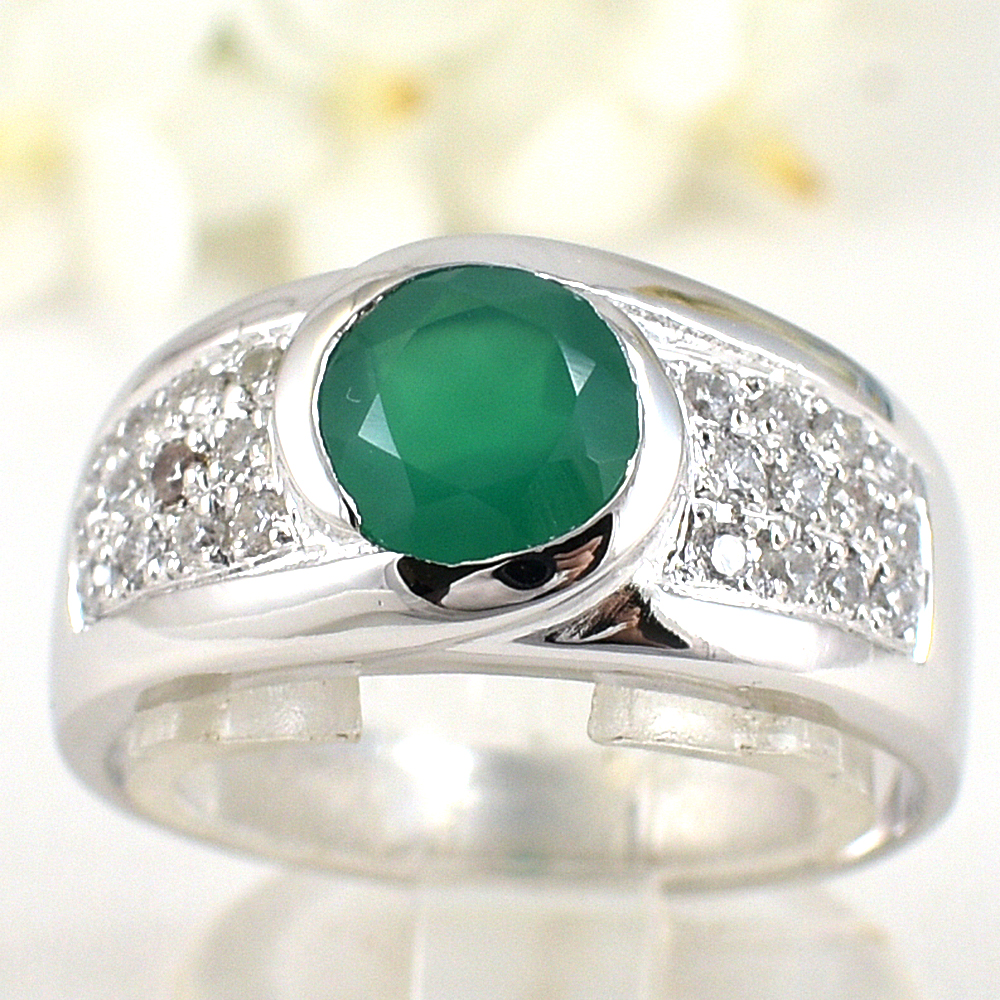 แหวนเงินแท้ราคาถูกชุบทองคำขาว พลอยแท้กรีนอะเกท 1.35 กะรัต เพชรCZ 0.36 กะรัต งานประณีตสวยงาม สั่งผลิตค่ะ