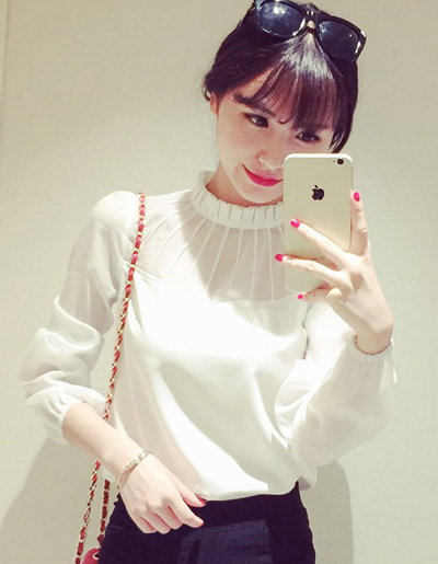 เสื้อแฟชั่นคอพับจีบ แขนยาวแขนซีทรู ใส่ทำงานสวยหรูสไตล์เกาหลี-1564-สีขาว