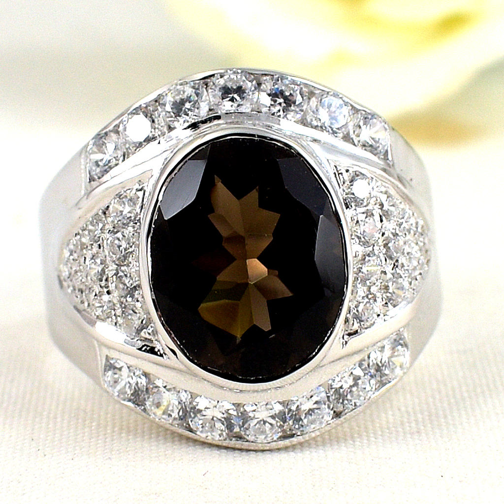 แหวนเงินแท้ราคาถูกชุบทองคำขาว พลอยแท้สโมกกี้ควอทซ์ 4.80 กะรัต เพชรCZ 1.38 กะรัต งานประณีตสวยงาม สั่งผลิตค่ะ