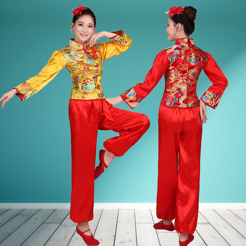 ชุดกี่เพ้า แขนยาวปักลายดอกไม้ คอป้าน+กางเกงขายาวสีแดง