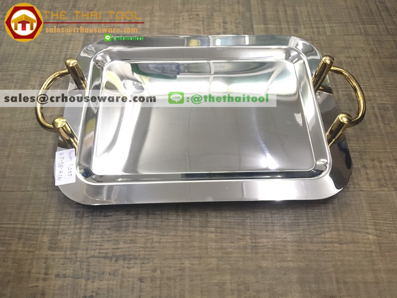 Rectangular Tray W.Handles ถาดเสริฟสแตนเลส หูทอง แบบเหลี่ยม 52.5*38 ซม. KF-SD-A20