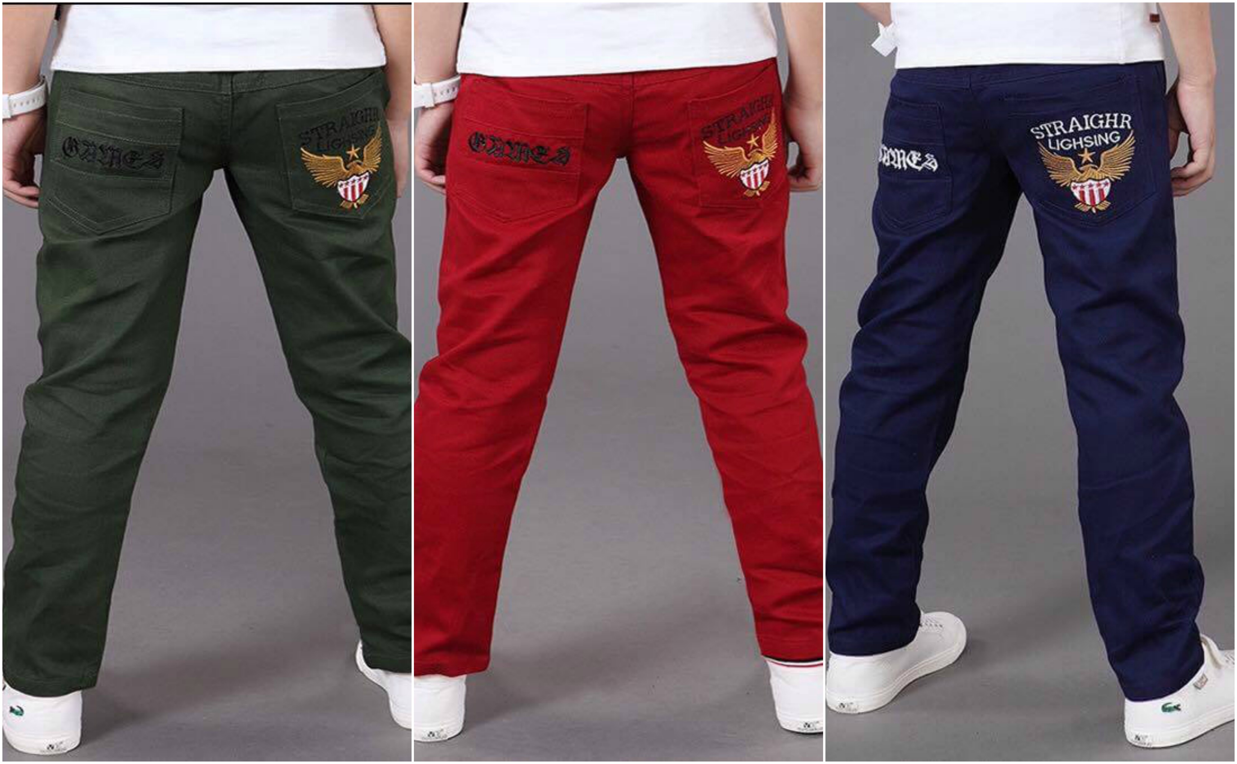 พร้อมส่ง กางเกงขายาว สีแดง กางเกงผ้า ปักลาย ด้านหลัง กางเกงเด็กสีแดง