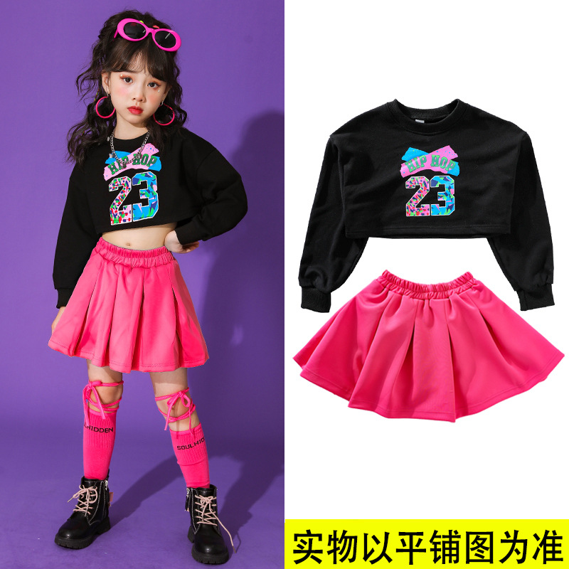 พร้อมส่ง ***ชุดเต้น ชุดแดนซ์ เสื้อแขนยาวสีชมพู-ดำ