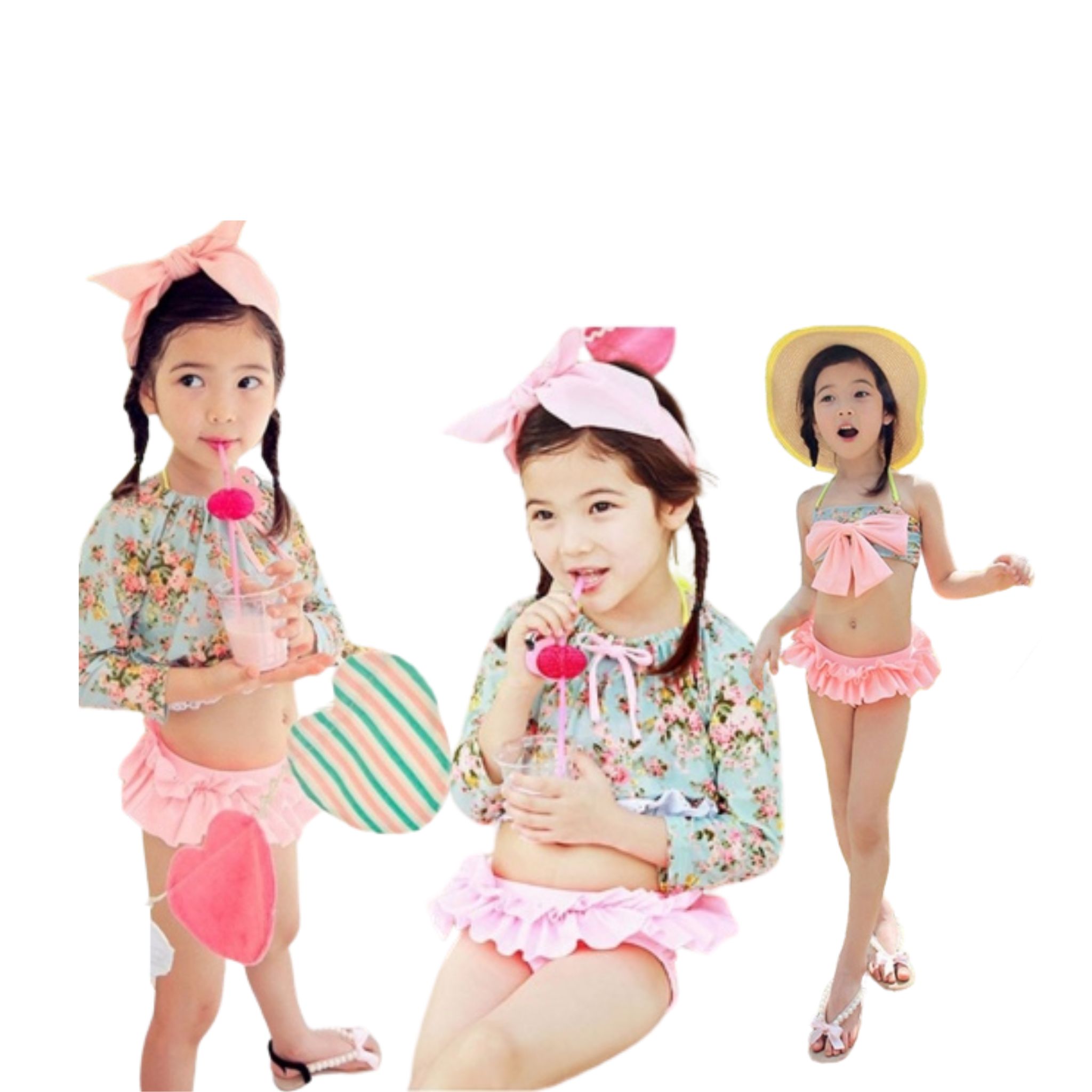 สินค้าพร้อมส่ง ชุดว่ายน้ำ เด็กหญิง เซ็ต 3 ชิ้น สไตล์ลายดอก