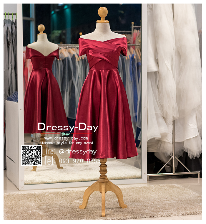 รหัส ชุดราตรี :PFS070 ชุดราตรีสั้น มีแขน ไหล่ปาดสีแดง/แดงเบอร์กันดี้ Burgundy สวยเซ็กซี่ สง่า ใส่เป็นชุดไปงานแต่งงาน งานกาล่าดินเนอร์ งานเลี้ยง งานพรอม งานรับกระบี่