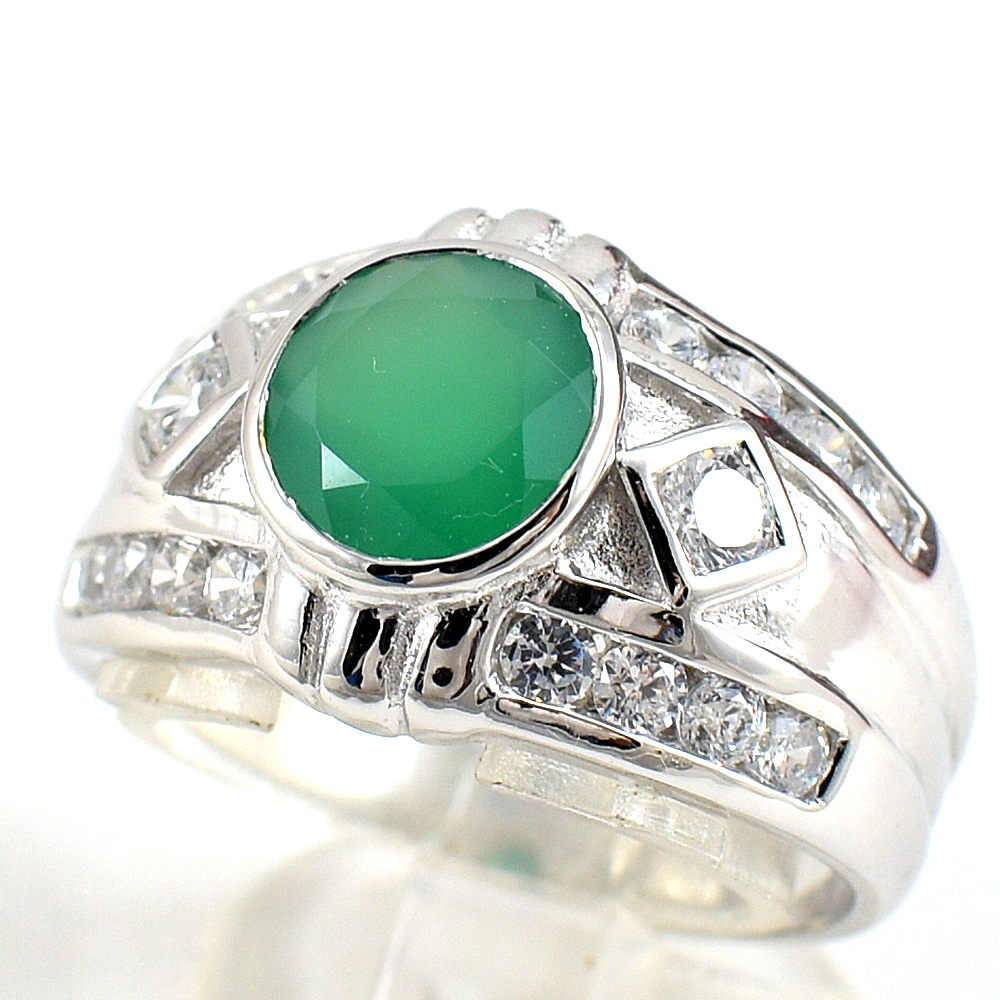 แหวนเงินแท้ราคาถูกชุบทองคำขาว พลอยแท้กรีนอะเกท 1.94 กะรัต เพชรCZ 0.437 กะรัต งานประณีตสวยงาม สั่งผลิตค่ะ