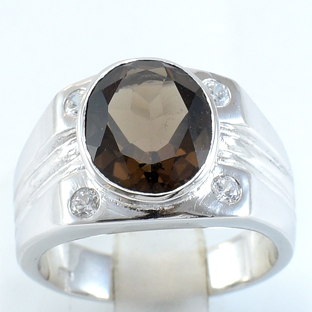 แหวนเงินแท้ราคาถูกชุบทองคำขาว พลอยแท้สโมกกี้ควอทซ์ 4.80 กะรัต เพชรCZ 0.12 กะรัต งานประณีตสวยงาม สั่งผลิตค่ะ